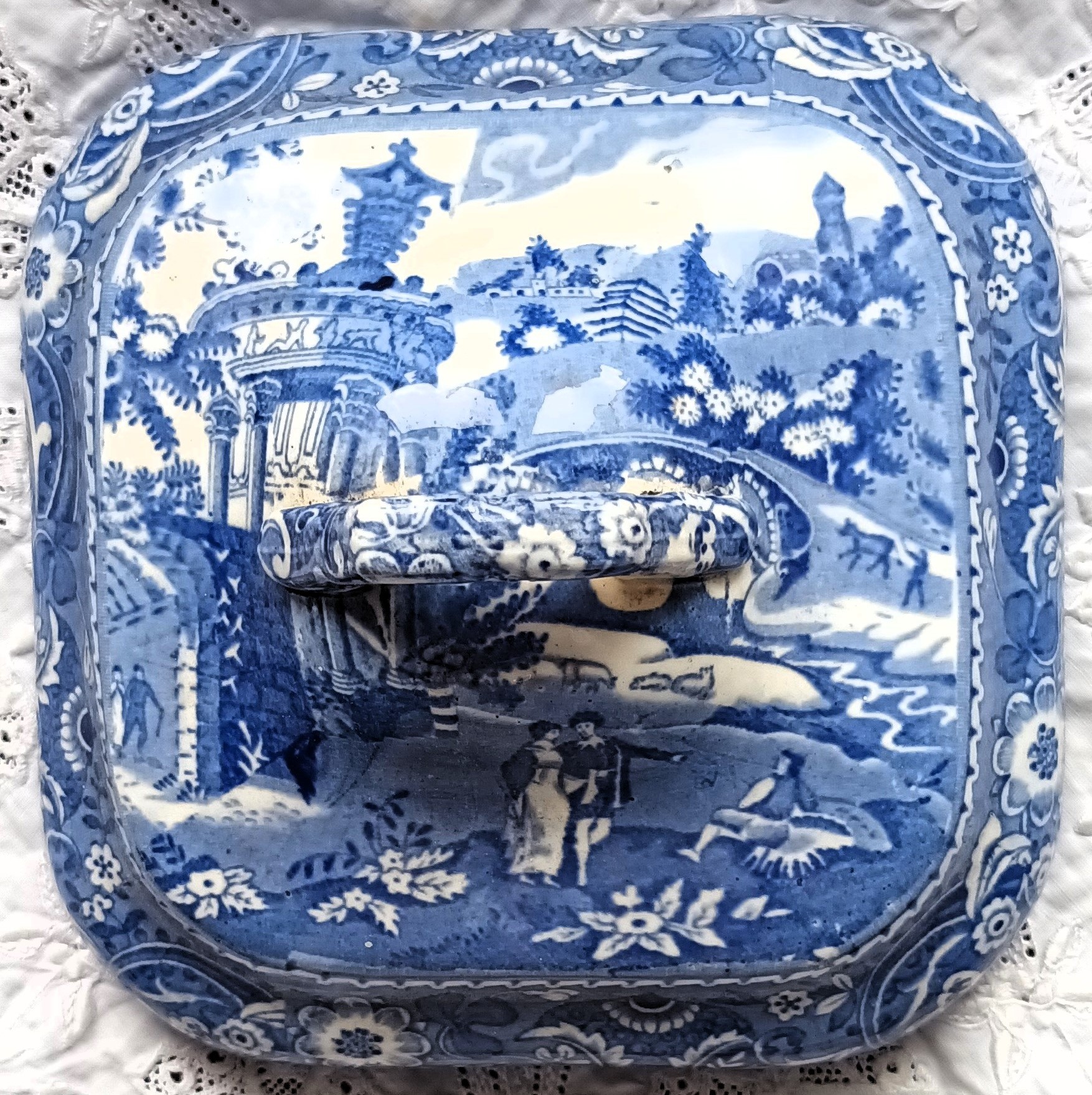 Pair of Antique English Blue & White Transfer Tureen Covers ~ "Landscape"  ~ Midwinter